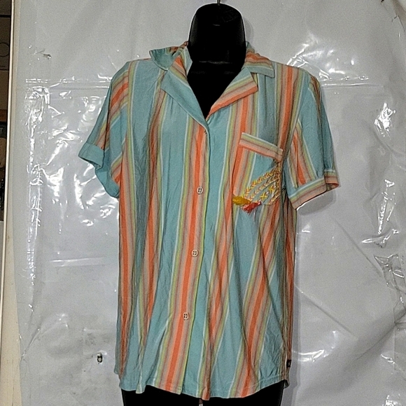 MATILDA JANE Striped Button-Up Shirt‎ Embroidered Pocket Short Sleeve Casual Top - Picture 1 of 4